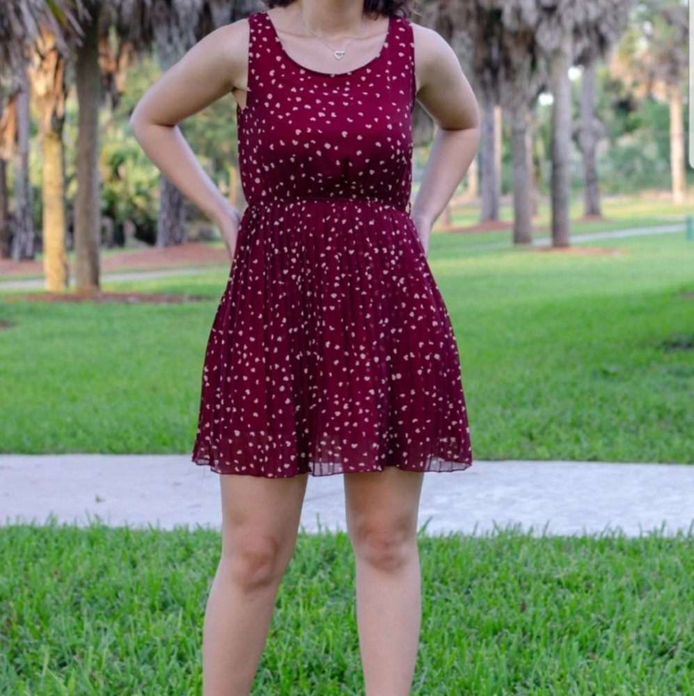 burgundy heart pleated skater dress